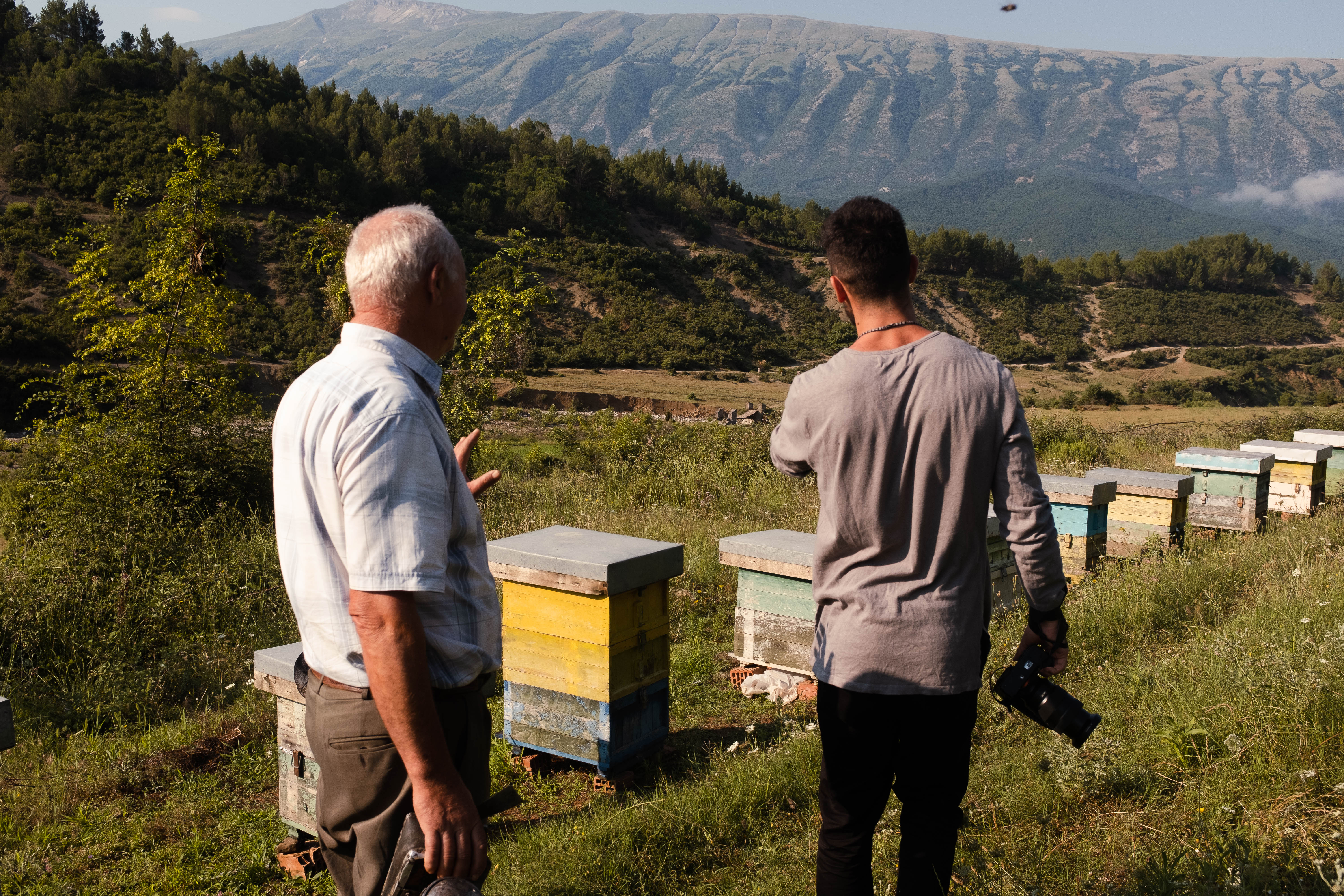 Filmteam vor einer Reihe von Bienenstöcken auf einer Wiese in Permet